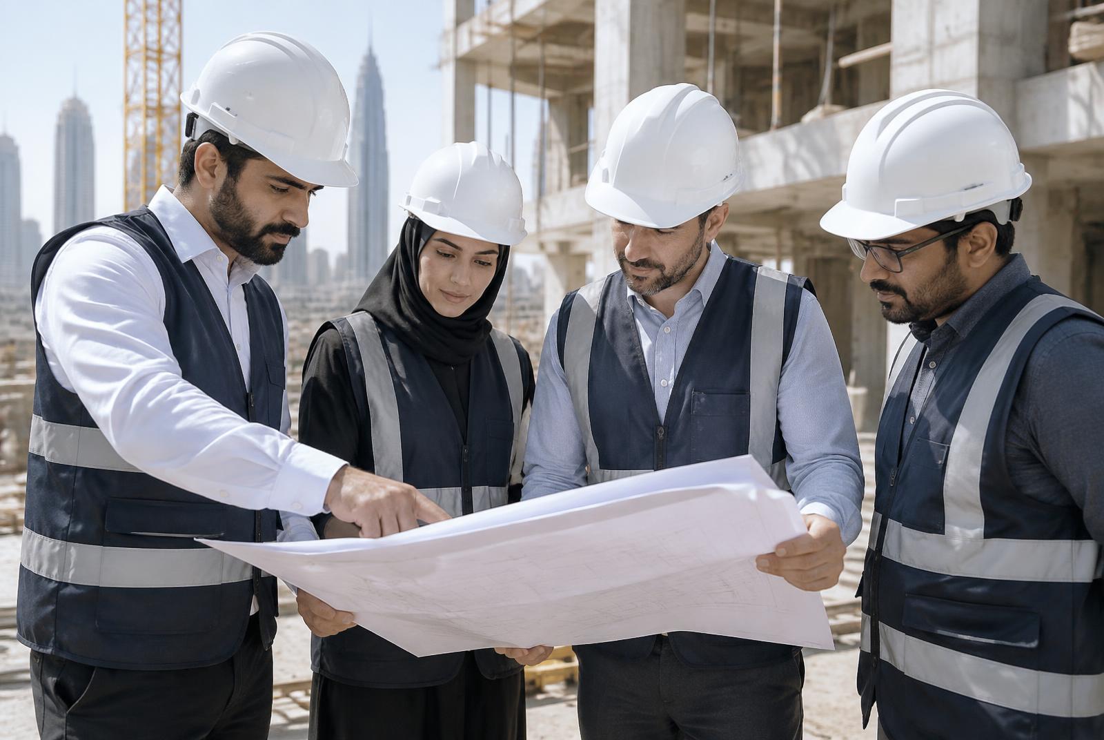 Construction professionals reviewing project plans
